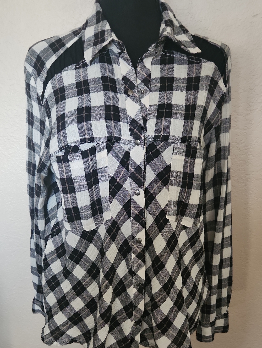 Free People Black and White Plaid Snap-Front Shirt